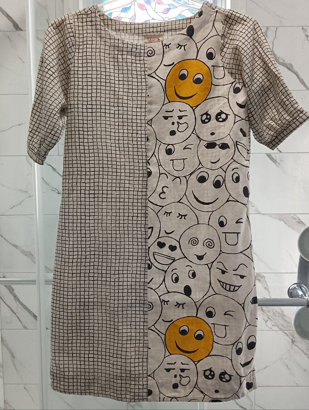 Bombay Paisley Sm 1/2 Grid 1/2 Face Collage 1/2 Sleeve Cotton Linen Shift Dress